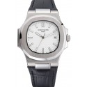Patek Philippe Nautilus White Dial Brushed Stainless Steel Case Black Leather Strap