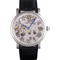 Replica Cartier Luxury Skeleton Watch with Silver Bezel and Black Leather Band 621559