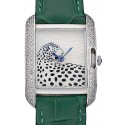 Replica Cartier Tank Anglaise White Tiger Dial Diamonds Steel Case Green Leather Bracelet