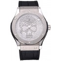 Replica Fashion Hublot Classic Fusion Diamond Skull Dial Stainless Steel Case Black Leather Strap 622814