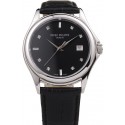 Replica Fashion Patek Philippe Geneve Calatrava Crystal Studded Hour Marker Black Dial Black Leather Strap 98170