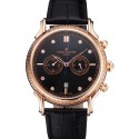 Replica High Quality Patek Philippe Chronograph Black Dial With Diamonds Rose Gold Case Black Leather Strap