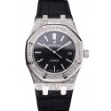 Replica Luxury Swiss Audemars Piguet Royal Oak Black Dial Steel Case With Diamonds Black Leather Strap