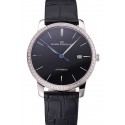 Replica Swiss Girard-Perregaux 1966 Black Dial Silver Diamond Case Black Leather Strap