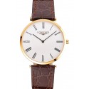 Replica Swiss Longines Grande Classique White Dial Roman Numerals Gold Case Brown Leather Strap