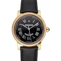 Swiss Cartier Rotonde Annual Calendar Black Dial Diamond Bezel Gold Case Black Leather Strap