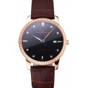Swiss Girard-Perregaux 1966 Black Dial Gold Diamond Case Brown Leather Strap