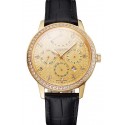 Swiss Vacheron Constantin Traditionnelle Power Reserve Gold Dial And Case Diamond Bezel Black Leather Strap