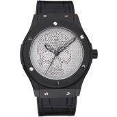 1:1 Hublot Classic Fusion Diamond Skull Dial Black Steel Case Black Leather Strap 622815