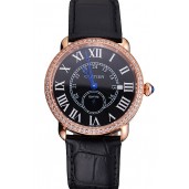 1:1 Replica Cartier Ronde Louis Cartier Black Dial Gold Case Diamond Bezel Black Leather Strap