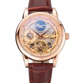 AAA Replica Patek Philippe Dual Time Moonphase Tourbillon Gold Skeletonised Dial Rose Gold Case Brown Leather Strap
