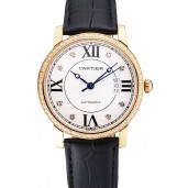 AAAAA Fake Swiss Cartier Ronde Solo White Dial Gold Diamond Case Black Leather Strap