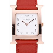 AAAAA Hermes Heure H Rose Gold Bezel Red Leather Strap White Dial 80233