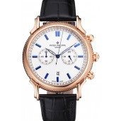 AAAAA Patek Philippe Chronograph White Dial Blue Markings Rose Gold Case Black Leather Strap