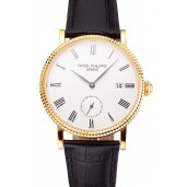 AAAAA Replica Swiss Patek Philippe Calatrava White Dial Gold Case Fluted Bezel Black Leather Strap