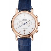 Best Omega Seamaster Vintage Chronograph White Dial Rose Gold Case Blue Leather Strap