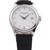 Best Quality Patek Philippe Geneve Calatrava Crystal Studded Hour Marker White Dial Black Leather Strap