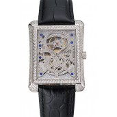 Best Quality Swiss Piaget Emperador Tourbillon Skeleton Silver Diamond Case Black Leather Bracelet 1453943