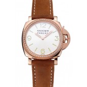 Best Replica Panerai Radiomir White Dial Diamond Bezel Rose Gold Case Brown Suede Leather Strap 1453799