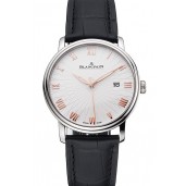 Blancpain Villeret Ultra Slim White Groved Dial Gold Numerals Stainless Steel Case Black Leather Strap