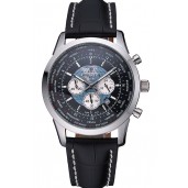 Breitling Transocean Chronograph Unitime Black Dial Stainless Steel Case Black Leather Bracelet 622242