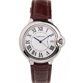Cartier Ballon Bleu 42mm White Dial Stainless Steel Case Brown Leather Bracelet