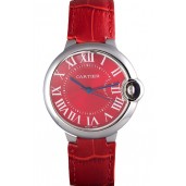Cartier Ballon Bleu Silver Bezel with Red Dial and Red Leather Band 621556