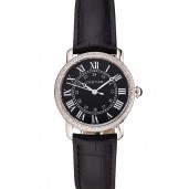 Cartier Ronde Black Dial Diamond Bezel Stainless Steel Case Black Leather Strap