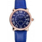 Cartier Ronde Louis Cartier Blue Dial Gold Case Diamond Bezel Blue Leather Strap
