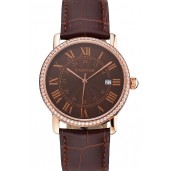 Cartier Ronde Solo Brown Dial Diamond Bezel Rose Gold Case Brown Leather Strap