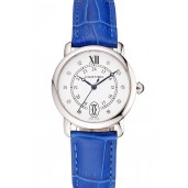 Cartier Ronde White Dial Diamond Hour Marks Stainless Steel Case Blue Leather Strap