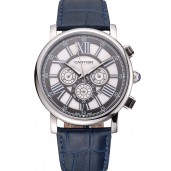 Cartier Rotonde Chronograph Black And White Dial Stainless Steel Case Blue Leather Strap