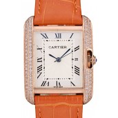 Cartier Tank Anglaise 30mm White Dial Diamonds Gold Case Orange Leather Bracelet