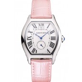 Cartier Tortue Large Date White Dial Stainless Steel Case Pink Leather Strap