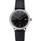 Cheap Copy IWC Portofino Black Dial Stainless Steel Case Diamonds Bezel Black Leather Strap