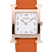 Copy AAAAA Hermes Heure H Rose Gold Bezel Orange Leather Strap White Dial 80234