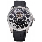 Copy Cartier Calibre Tourbillon Black Dial Stainless Steel Case Black Leather Strap 622752