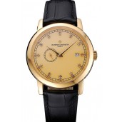 Copy Swiss Vacheron Constantin Patrimony Contemporaine Gold Case Gold Diamond Dial Black Leather Bracelet 622682