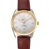 Designer Omega Globemaster Silver Dial Gold Bezel Stainless Steel Case Brown Leather Strap