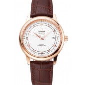 Fake Best Quality Omega De Ville Prestige White Dial Rose Gold Case Brown Leather Strap