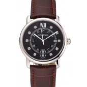 Fake Cartier Ronde Solo Black Dial Diamond Hour Marks Stainless Steel Case Brown Leather Strap