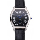 Fake Cartier Tortue Large Date Black Dial Stainless Steel Case Black Leather Strap