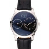 Fake Glashutte Original Black Dial Stainless Steel Case Black Leather Strap