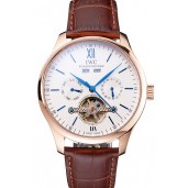 Fake IWC Portofino Tourbillon White Dial Blue Markings Rose Gold Case Brown Leather Strap