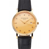 Fake Patek Philippe Calatrava Gold Dial Diamond Hour Marks Ribbed Bezel Gold Case Black Leather Strap