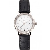 Fake Patek Philippe Calatrava White Dial Double Ribbed Bezel Stainless Steel Case Black Leather Strap