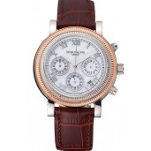 Fake Patek Philippe Grand Complications Hobnail Bezel Roman Numerals Brown Leather Strap