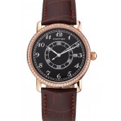 Fake Replica Cartier Ronde Solo Black Dial Diamond Bezel Rose Gold Case Brown Leather Strap