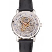 Fake Swiss Piaget Altiplano Skeleton Dial With Diamonds Stainless Steel Case Black Leather Strap
