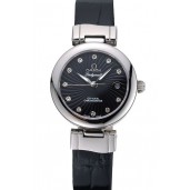 Fashion Omega Ladymatic Black Dial Black Leather Bracelet 622458